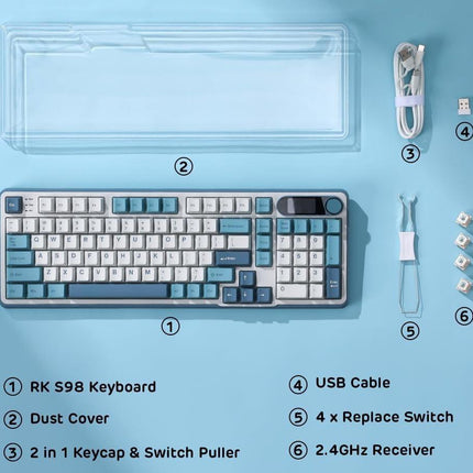 RK ROYAL KLUDGE S98 Mechanical Keyboard w/Smart Display & Knob, Top Mount 96% Wireless Mechanical Keyboard BT/2.4G/USB-C, Hot Swappable, Pale Green Switch 98 Keys.