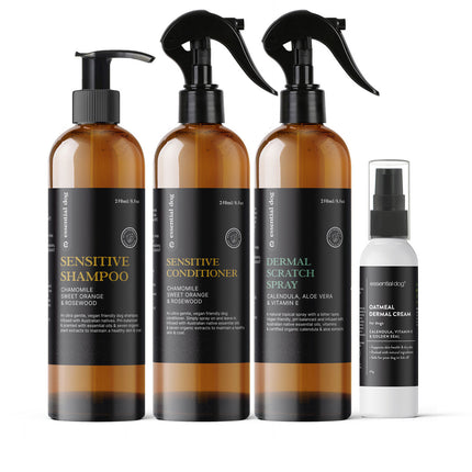 Sensitive Skin Itch Pack: Dog Shampoo, Conditioner, Dermal Scratch Spray & Cream.
