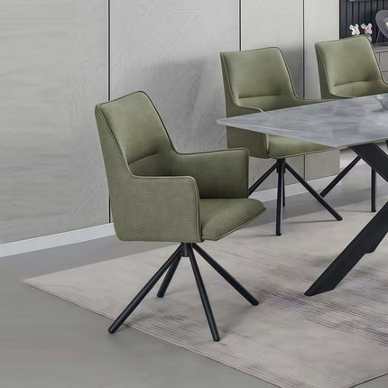 Dining Chair Green Linen Fabric Upholstered Seat Powder Coated Iron Legs.
