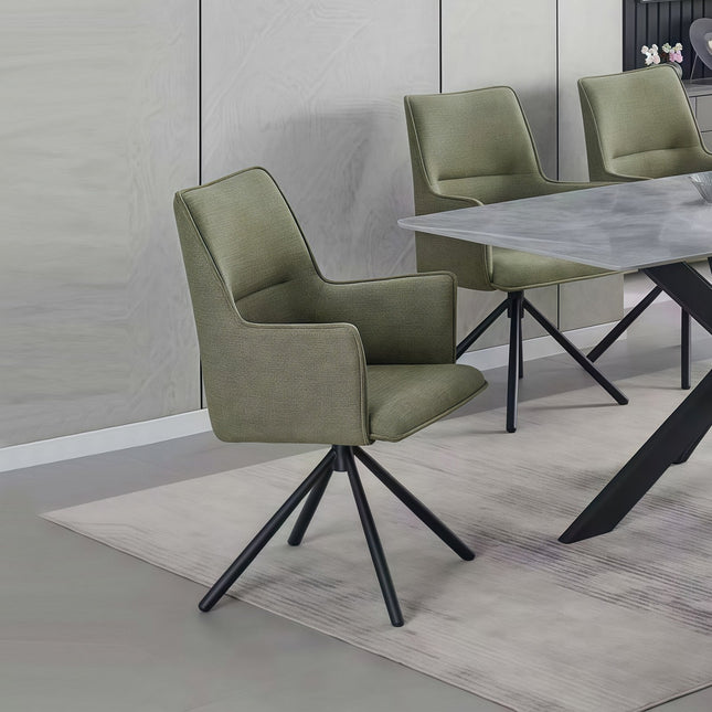 Dining Chair Green Linen Fabric Upholstered Seat Powder Coated Iron Legs.