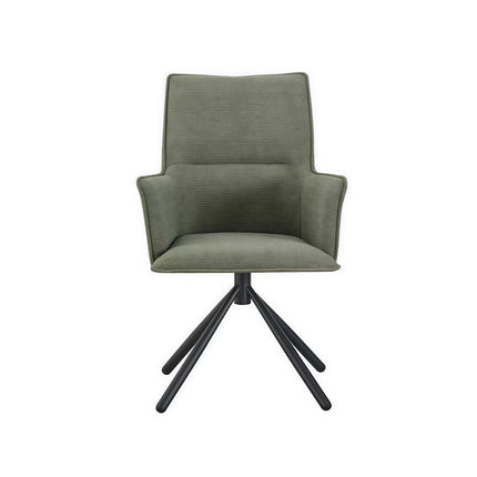 Dining Chair Green Linen Fabric Upholstered Seat Powder Coated Iron Legs.
