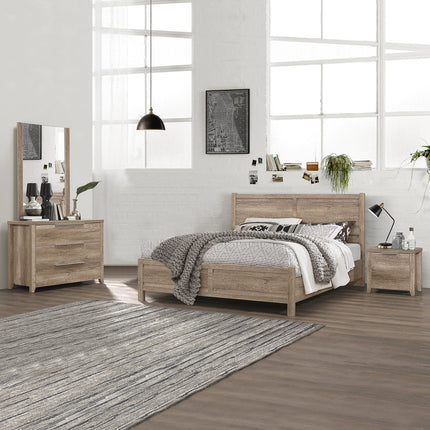 4 Pieces Bedroom Suite Natural Wood Like MDF Structure Queen Size Oak Colour Bed, Bedside Table & Tallboy.
