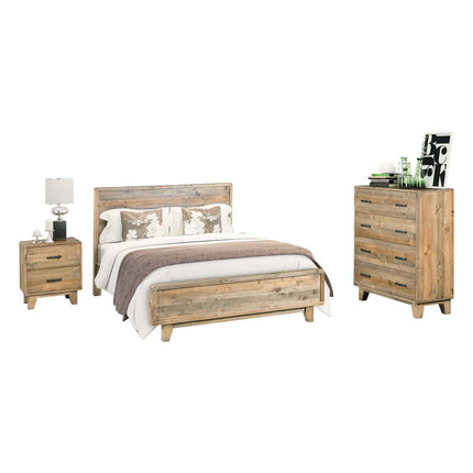 4 Pieces Bedroom Suite King Size in Solid Wood Antique Design Light Brown Bed, Bedside Table & Tallboy.