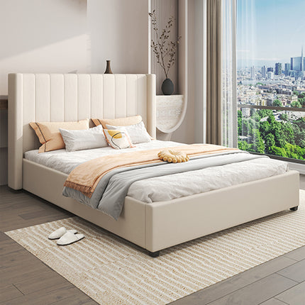 Alexa Queen Size High Rise Headboard Linen Beige Fabric Four MDF Drawers with Wheels Bed Frame.