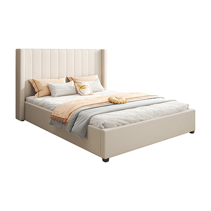 Alexa Queen Size High Rise Headboard Linen Beige Fabric Four MDF Drawers with Wheels Bed Frame.