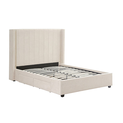 Alexa Queen Size High Rise Headboard Linen Beige Fabric Four MDF Drawers with Wheels Bed Frame.