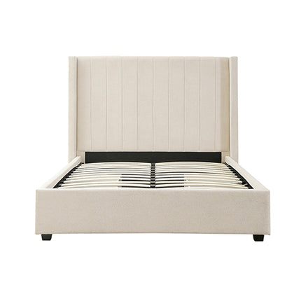 Alexa Queen Size High Rise Headboard Linen Beige Fabric Four MDF Drawers with Wheels Bed Frame.