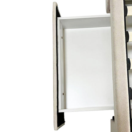 Alexa Queen Size High Rise Headboard Linen Beige Fabric Four MDF Drawers with Wheels Bed Frame.