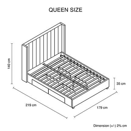 Alexa Queen Size High Rise Headboard Linen Beige Fabric Four MDF Drawers with Wheels Bed Frame.