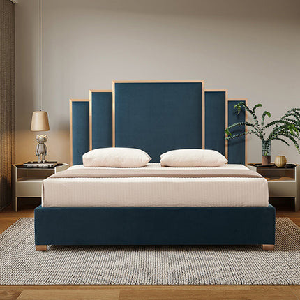 Austin Bed Frame Polyester Turquoise Fabric Padded Upholstery High Quality Slats Polished Stainless Steel Feet.