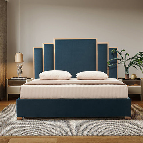 Austin Bed Frame Polyester Turquoise Fabric Padded Upholstery High Quality Slats Polished Stainless Steel Feet.