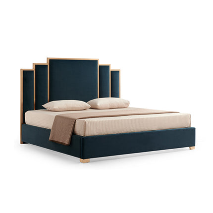Austin Bed Frame Polyester Turquoise Fabric Padded Upholstery High Quality Slats Polished Stainless Steel Feet.
