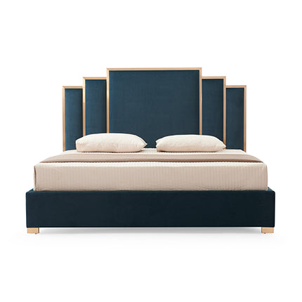 Austin Bed Frame Polyester Turquoise Fabric Padded Upholstery High Quality Slats Polished Stainless Steel Feet.