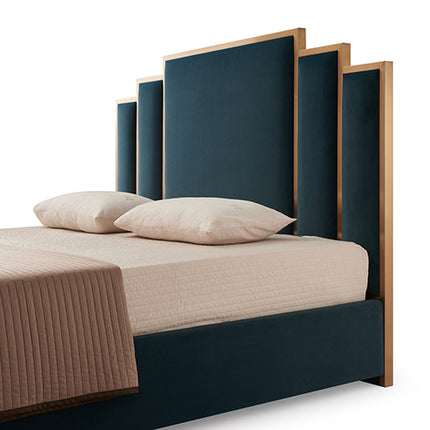 Austin Bed Frame Polyester Turquoise Fabric Padded Upholstery High Quality Slats Polished Stainless Steel Feet.