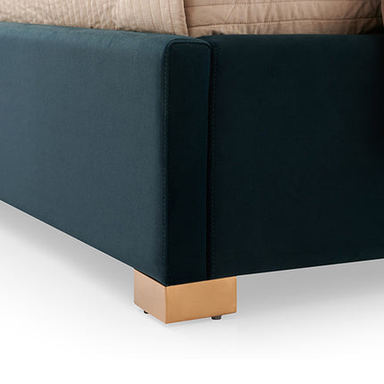 Austin Bed Frame Polyester Turquoise Fabric Padded Upholstery High Quality Slats Polished Stainless Steel Feet.