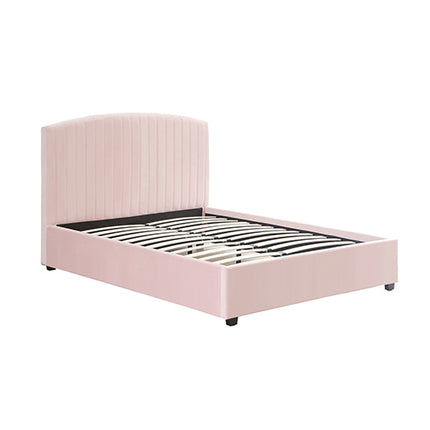 Camelia Double Size Bed Frame Pink Velvet Upholstery High Headboard Quality Slats Metal Structure.