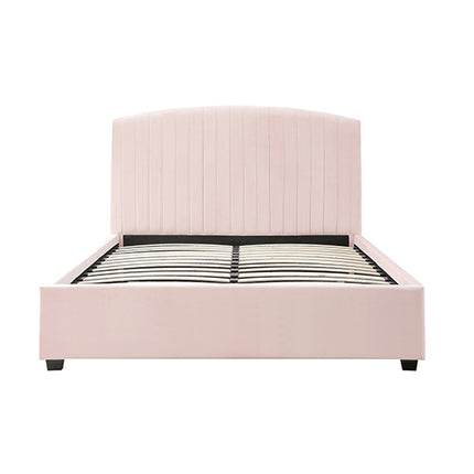 Camelia Double Size Bed Frame Pink Velvet Upholstery High Headboard Quality Slats Metal Structure.