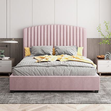 Camelia King Single Size Bed Frame Pink Velvet Upholstery High Headboard Quality Slats Metal Structure.