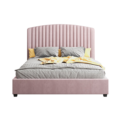 Camelia King Single Size Bed Frame Pink Velvet Upholstery High Headboard Quality Slats Metal Structure.