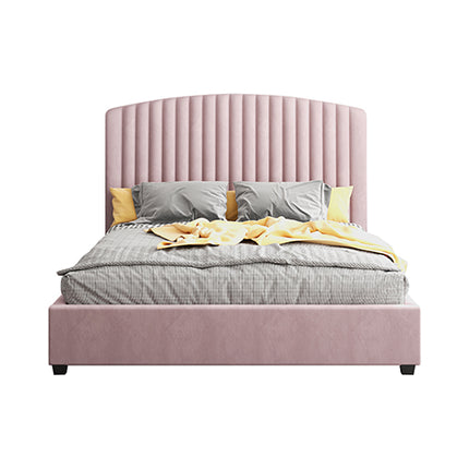 Camelia Queen Size Bed Frame Pink Velvet Upholstery High Headboard Quality Slats Metal Structure.