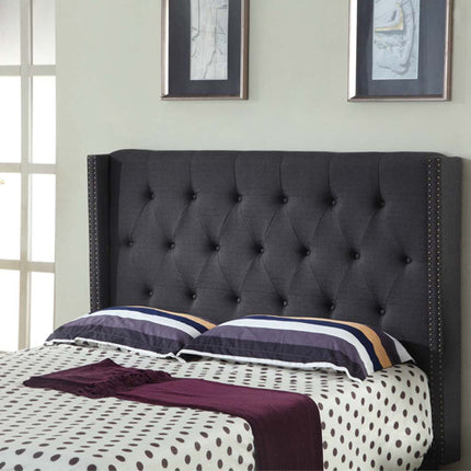 Bed Head Queen Charcoal Headboard Upholstery Fabric Studded Buttons.