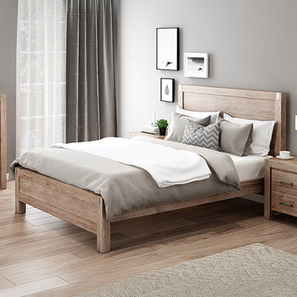 Bed Frame Double Size in Solid Wood Veneered Acacia Bedroom Timber Slat in Oak.