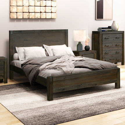 Bed Frame Queen Size in Solid Wood Veneered Acacia Bedroom Timber Slat in Chocolate.