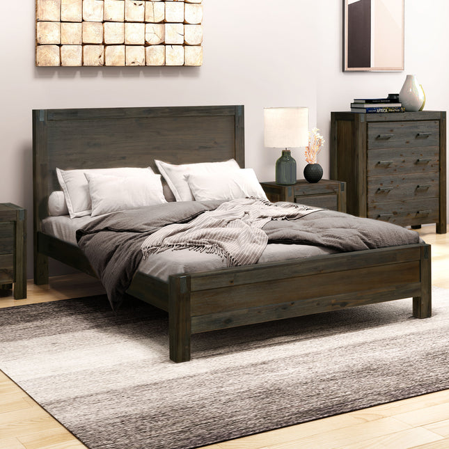 Bed Frame Queen Size in Solid Wood Veneered Acacia Bedroom Timber Slat in Chocolate.
