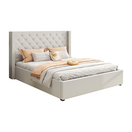 Veronica Bed Frame King Size Winged Grey Linen Fabric Seam Grid Pattern with gas lift plywood metal structure.