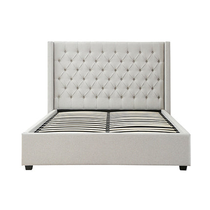 Veronica Bed Frame King Size Winged Grey Linen Fabric Seam Grid Pattern with gas lift plywood metal structure.