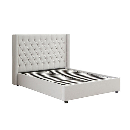 Veronica Bed Frame King Size Winged Grey Linen Fabric Seam Grid Pattern with gas lift plywood metal structure.