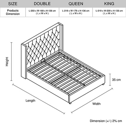 Veronica Bed Frame King Size Winged Grey Linen Fabric Seam Grid Pattern with gas lift plywood metal structure.