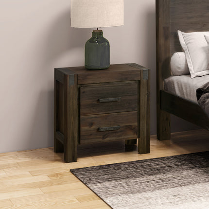 Bedside Table 2 drawers Night Stand Solid Wood Acacia Storage in Chocolate Colour.