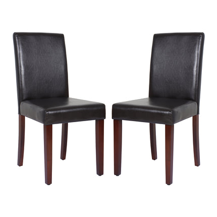 2x Wooden Frame Brown Leatherette Dining Chairs with Solid Pine Legs.