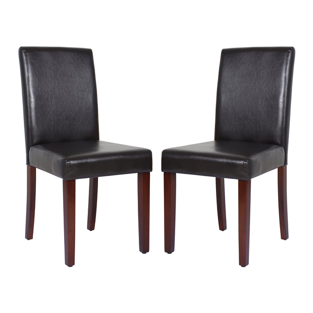 2x Wooden Frame Brown Leatherette Dining Chairs with Solid Pine Legs.