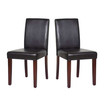 2x Wooden Frame Brown Leatherette Dining Chairs with Solid Pine Legs.