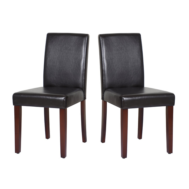 2x Wooden Frame Brown Leatherette Dining Chairs with Solid Pine Legs.