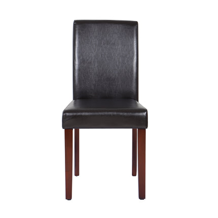 2x Wooden Frame Brown Leatherette Dining Chairs with Solid Pine Legs.