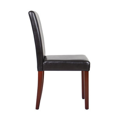 2x Wooden Frame Brown Leatherette Dining Chairs with Solid Pine Legs.