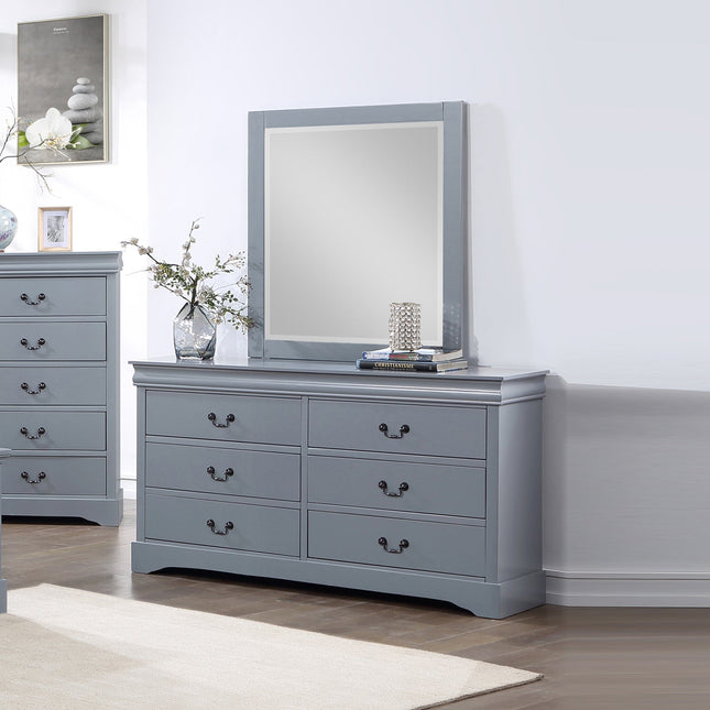 Dressing Chest with 6 Storage Drawers in Solid Wooden Mirror Metal Handles Grey Colour.