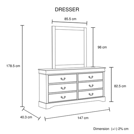 Dressing Chest with 6 Storage Drawers in Solid Wooden Mirror Metal Handles Grey Colour.