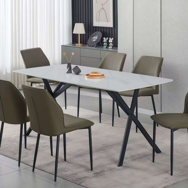 Dining Table Rectangular Shape White Sintered Stone Top Powder Coated Iron Legs.
