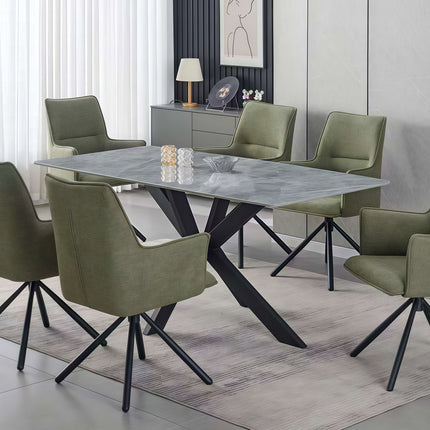 Dining Table Rectangular Shape Grey Sintered Stone Top Powder Coated Iron Legs.