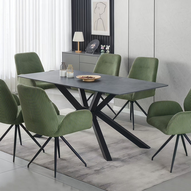Dining Table Rectangular Shape Green Sintered Stone Top Powder Coated Iron Legs.