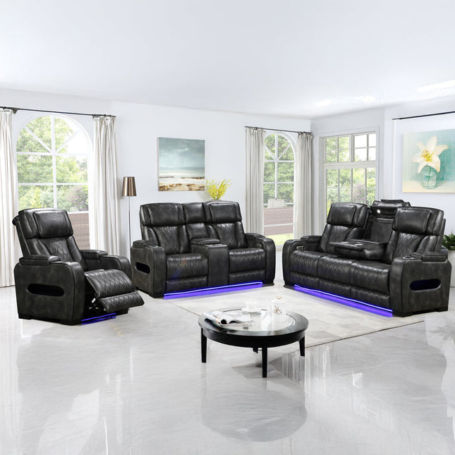3-2-1 Seater Electric Air Leather Dark Grey Recliner Set.