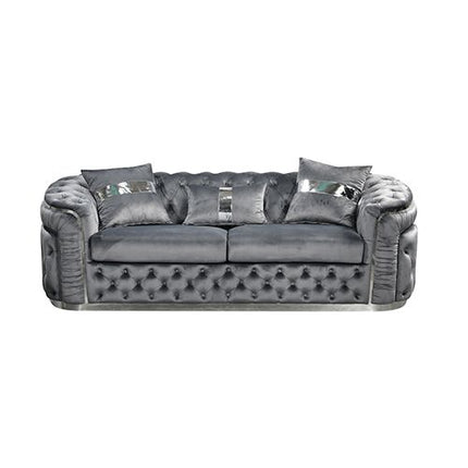 3 Seater Sofa Grey Velvet Fabric Solid Wood construction Silver Stainless Steel Trim
