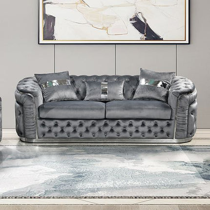 3 Seater Sofa Grey Velvet Fabric Solid Wood construction Silver Stainless Steel Trim