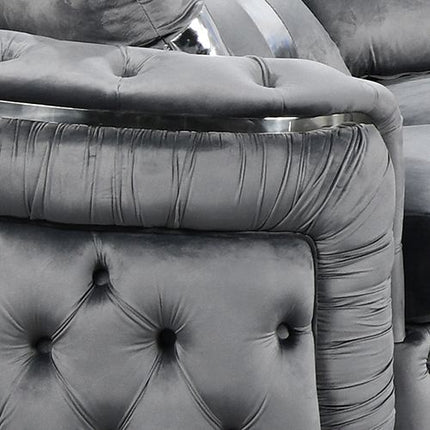3 Seater Sofa Grey Velvet Fabric Solid Wood construction Silver Stainless Steel Trim