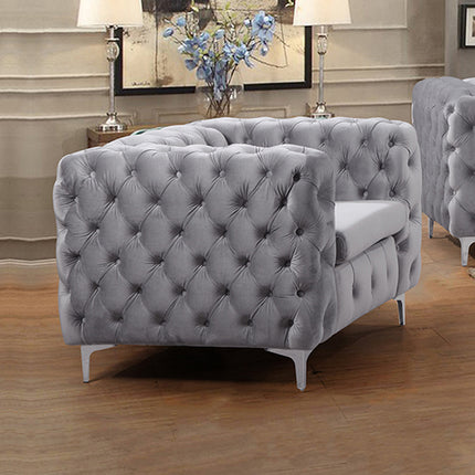 Single Seater Grey Sofa Classic Armchair Button Tufted in Velvet Fabric with Metal Legs.