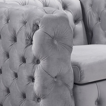 Single Seater Grey Sofa Classic Armchair Button Tufted in Velvet Fabric with Metal Legs.